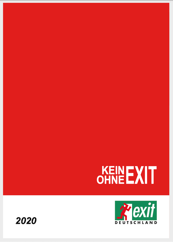 Rotes Deckblatt und Logo von EXIT-Deutschland der Publikation "Kein EXIT ohne EXIT"